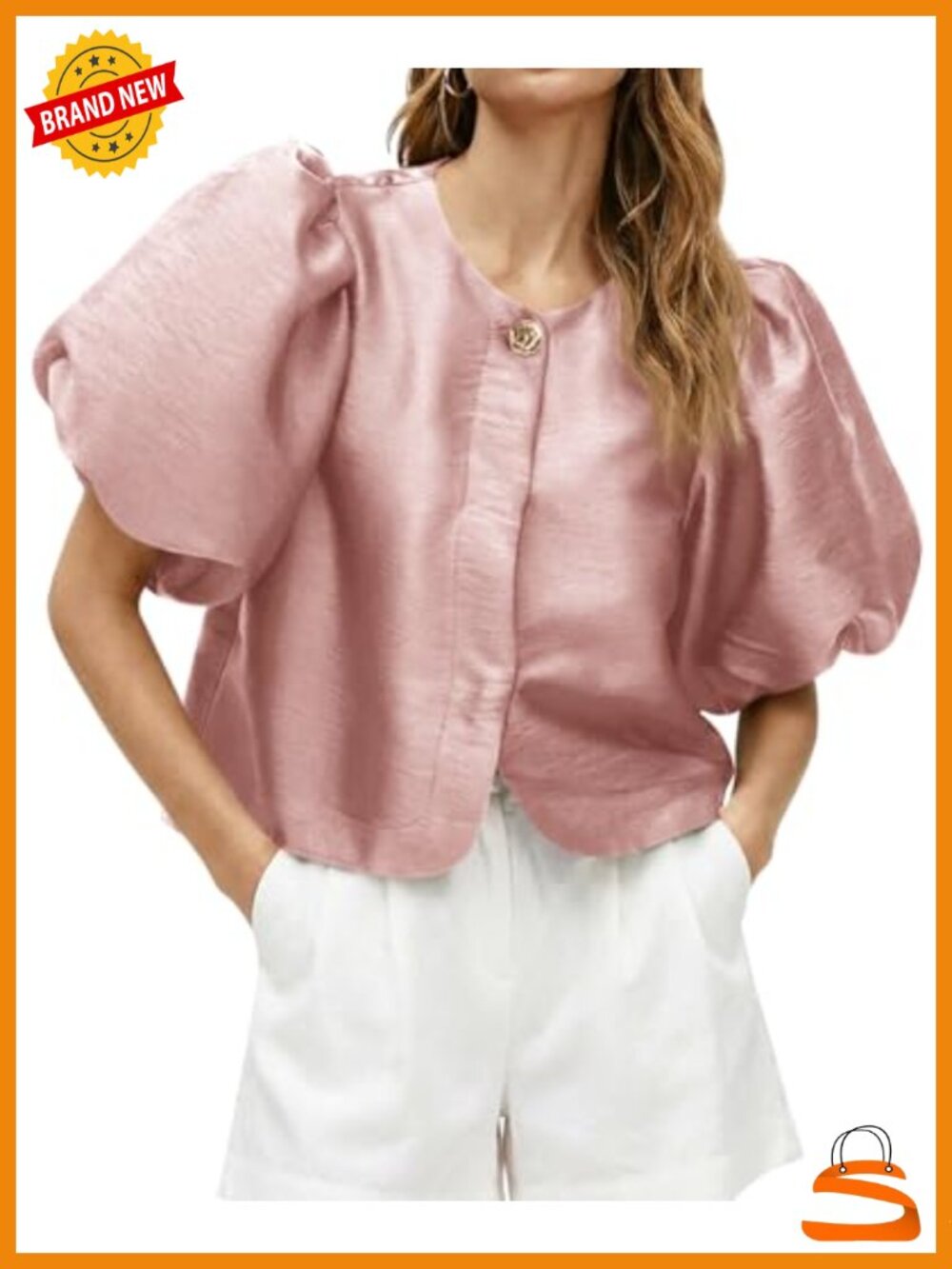 Satin Button Down Crop Blouse with Puff Short Sleeves - Loose Fit Dressy Top